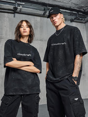 CloudCraft Text / Logo Printed Acid Wash T-Shirt – Black | Unisex Streetwear – CloudCraft