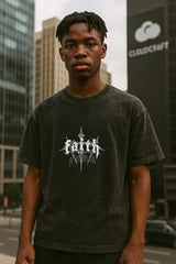 FAITH Printed Oversized T-Shirt – Acid Wash Black | Unisex Streetwear – CloudCraft