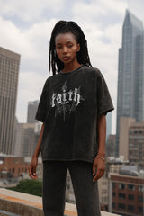 FAITH Printed Oversized T-Shirt – Acid Wash Black | Unisex Streetwear – CloudCraft